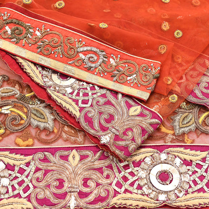 Indian Vintage Heavy Orange Net/Mesh/ Velvet Hand Embroidered Dupatta Designer By Anamika Khanna Bridal Wear Dabka Zardozi Veil Hijab