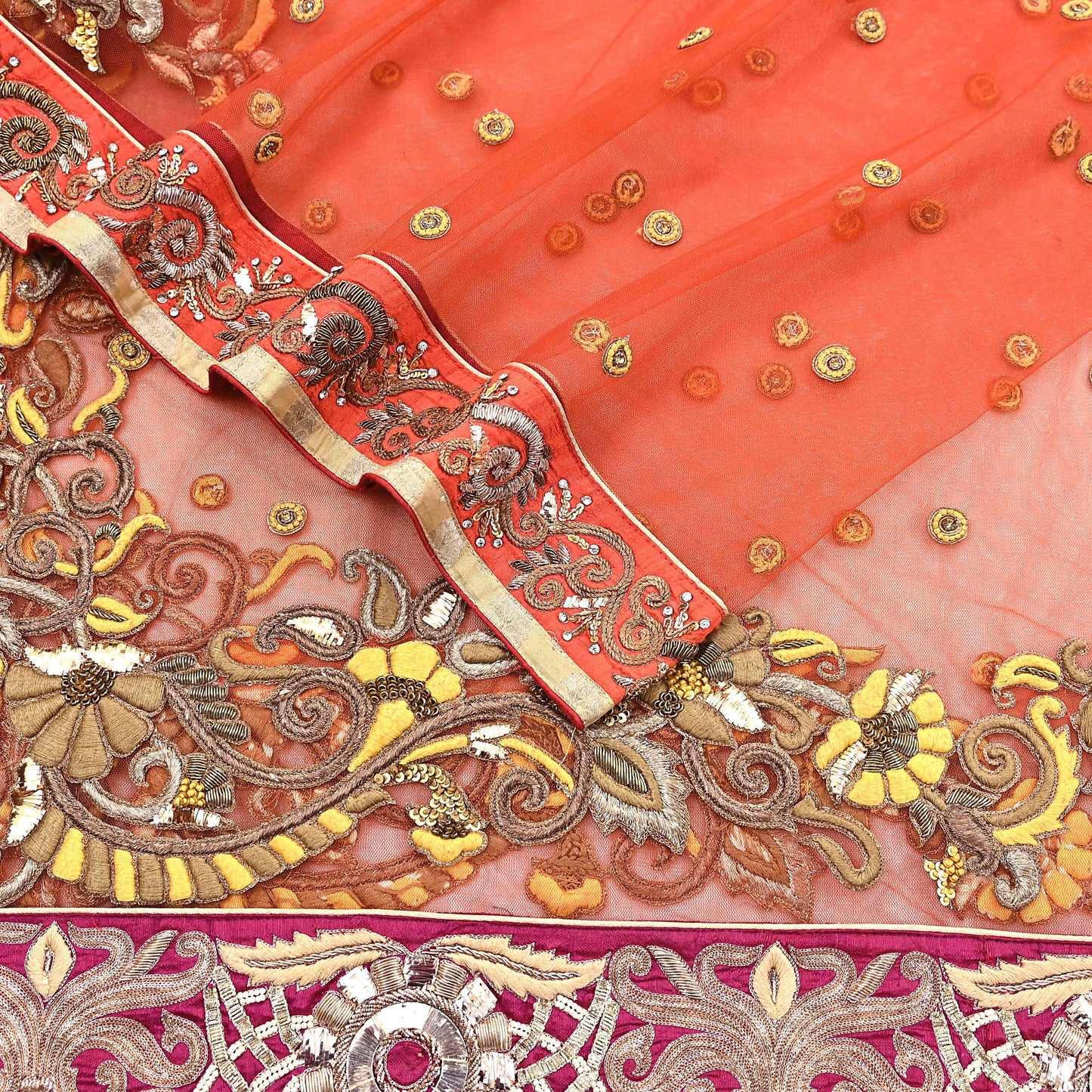 Indian Vintage Heavy Orange Net/Mesh/ Velvet Hand Embroidered Dupatta Designer By Anamika Khanna Bridal Wear Dabka Zardozi Veil Hijab
