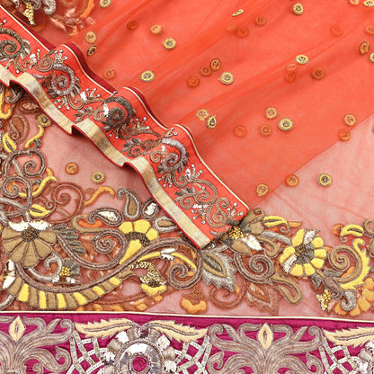 Indian Vintage Heavy Orange Net/Mesh/ Velvet Hand Embroidered Dupatta Designer By Anamika Khanna Bridal Wear Dabka Zardozi Veil Hijab