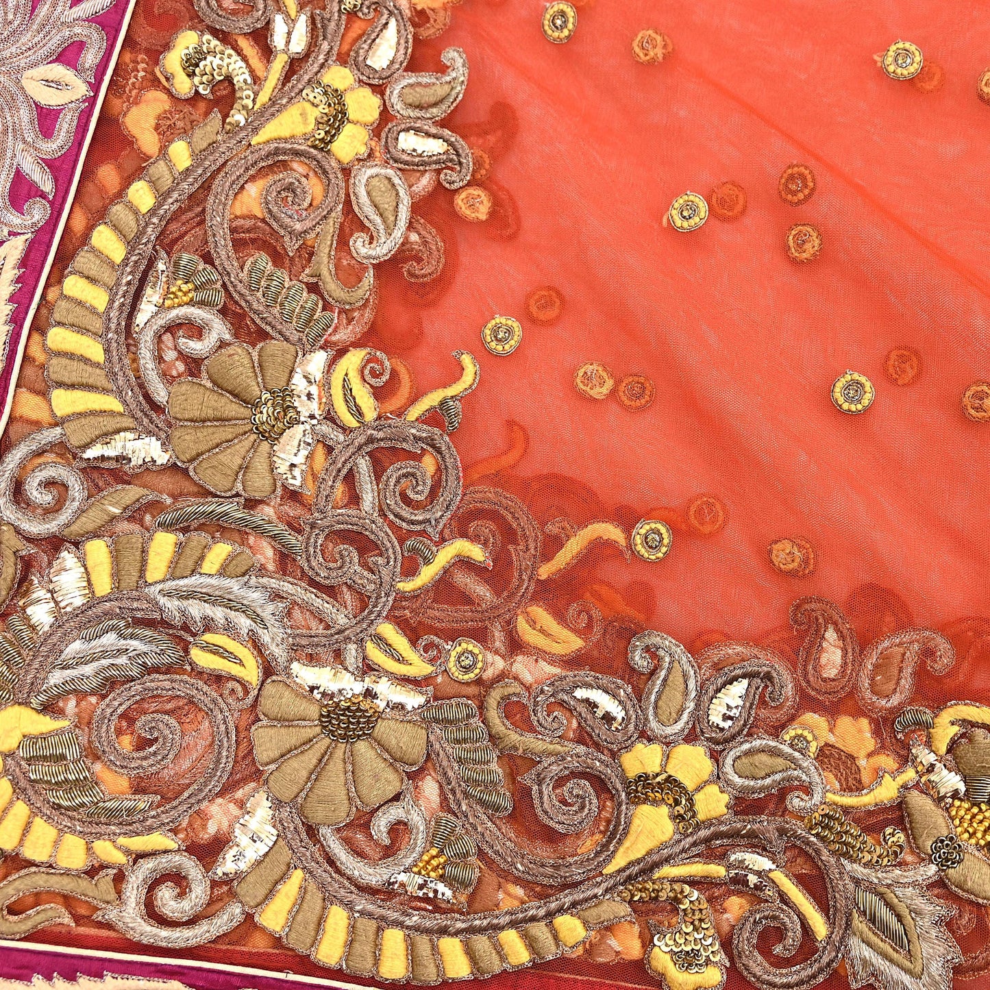 Indian Vintage Heavy Orange Net/Mesh/ Velvet Hand Embroidered Dupatta Designer By Anamika Khanna Bridal Wear Dabka Zardozi Veil Hijab