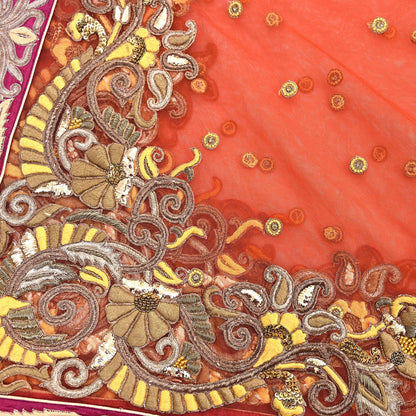 Indian Vintage Heavy Orange Net/Mesh/ Velvet Hand Embroidered Dupatta Designer By Anamika Khanna Bridal Wear Dabka Zardozi Veil Hijab