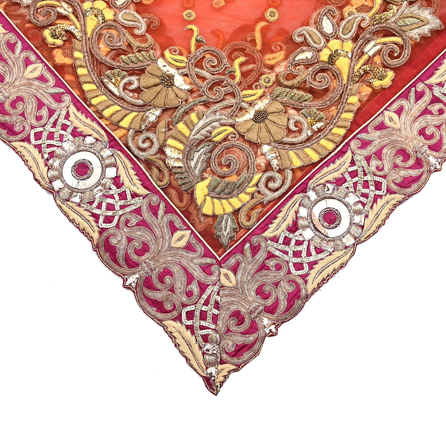 Indian Vintage Heavy Orange Net/Mesh/ Velvet Hand Embroidered Dupatta Designer By Anamika Khanna Bridal Wear Dabka Zardozi Veil Hijab