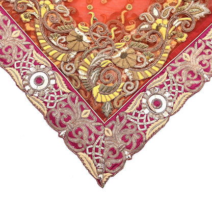 Indian Vintage Heavy Orange Net/Mesh/ Velvet Hand Embroidered Dupatta Designer By Anamika Khanna Bridal Wear Dabka Zardozi Veil Hijab