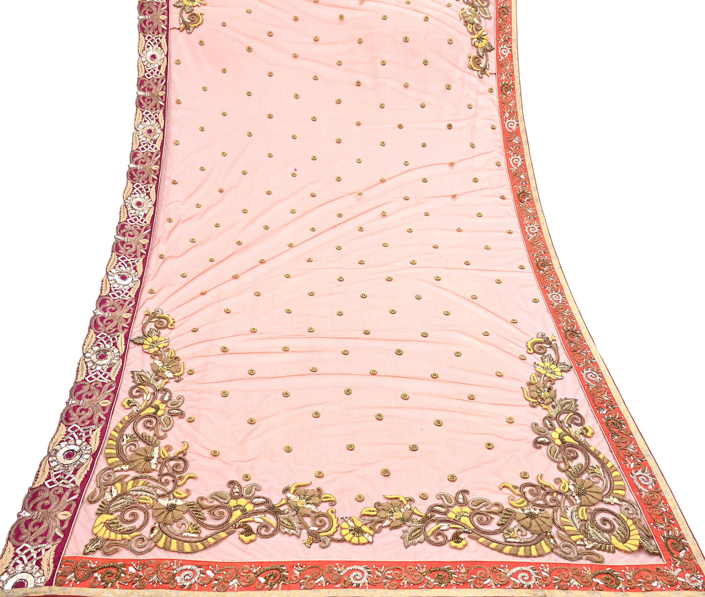 Indian Vintage Heavy Orange Net/Mesh/ Velvet Hand Embroidered Dupatta Designer By Anamika Khanna Bridal Wear Dabka Zardozi Veil Hijab