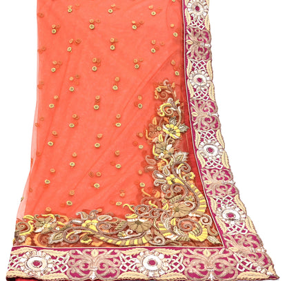 Indian Vintage Heavy Orange Net/Mesh/ Velvet Hand Embroidered Dupatta Designer By Anamika Khanna Bridal Wear Dabka Zardozi Veil Hijab