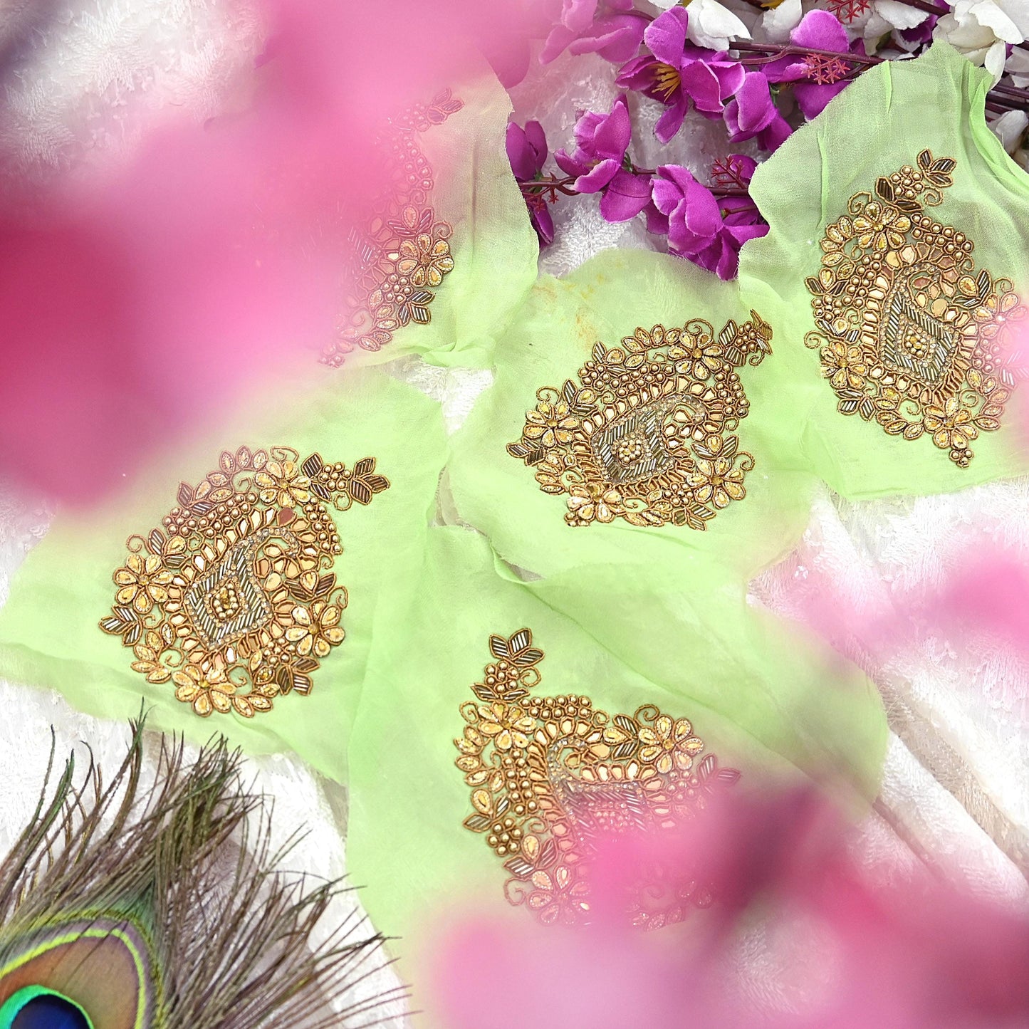 Indian Vintage Green Pure Georgette Silk Appliques Set of 5 Hand-Embroidered Patches with Zardozi, Dabka ,for Craft Journals 5x3.5"