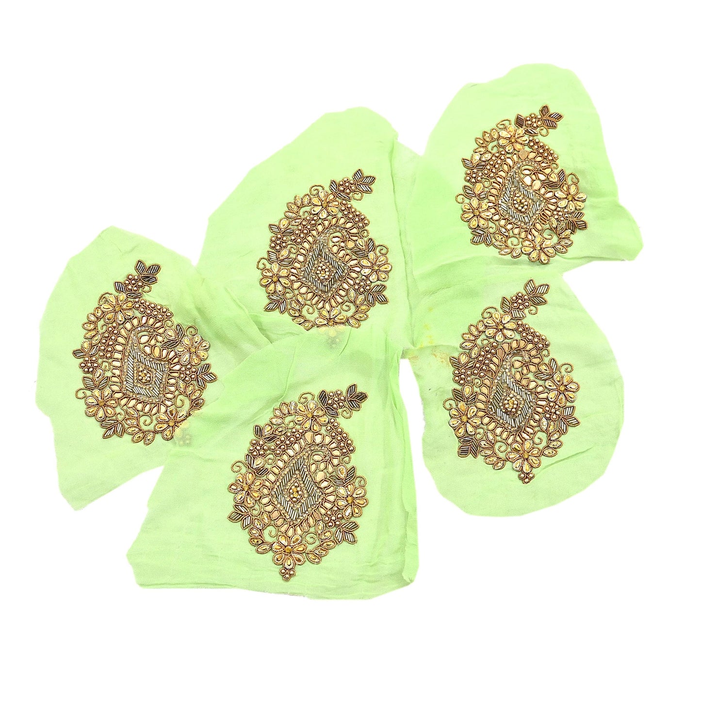 Indian Vintage Green Pure Georgette Silk Appliques Set of 5 Hand-Embroidered Patches with Zardozi, Dabka ,for Craft Journals 5x3.5"