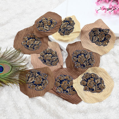 Indian Vintage Blue Velvet Appliques  Set of 9 | Hand-Embroidered Floral Patches with Zardozi, Dabka, for Craft, Journals
