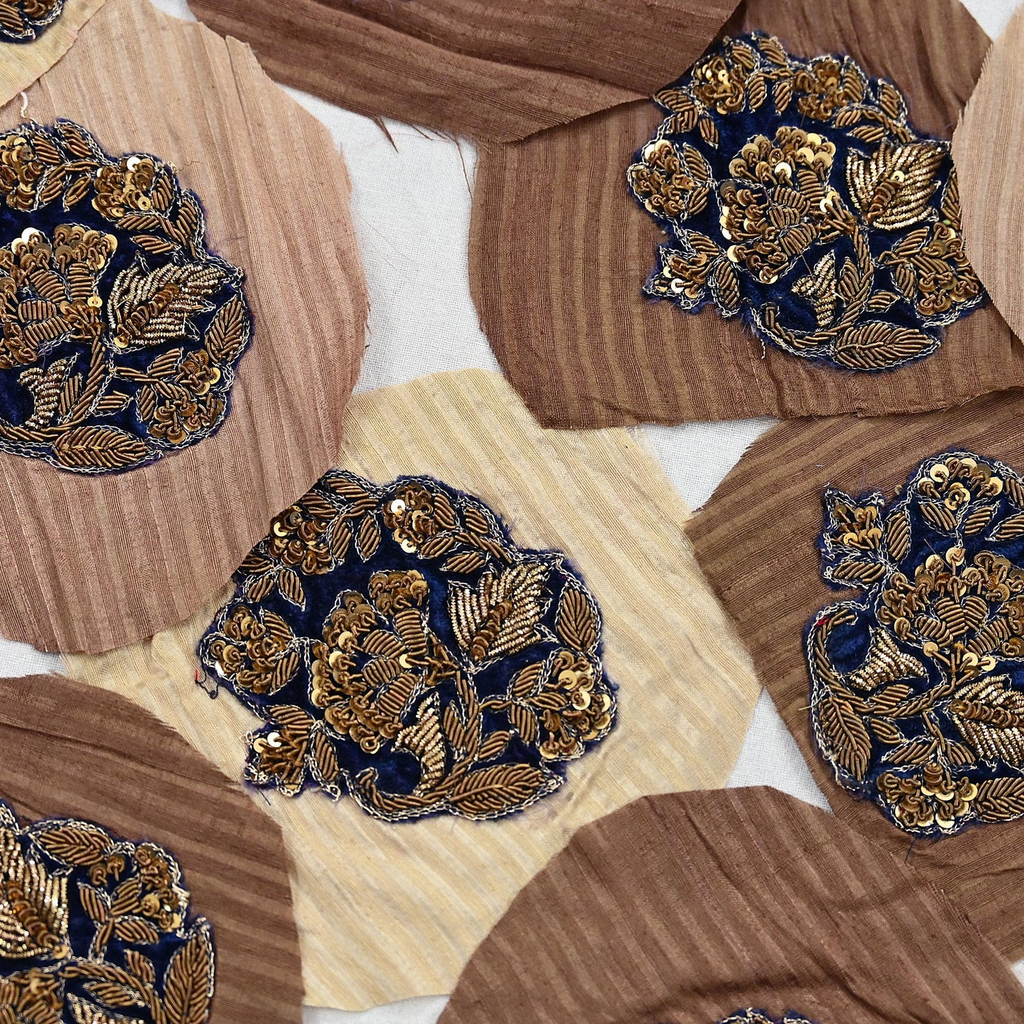 Indian Vintage Blue Velvet Appliques  Set of 9 | Hand-Embroidered Floral Patches with Zardozi, Dabka, for Craft, Journals