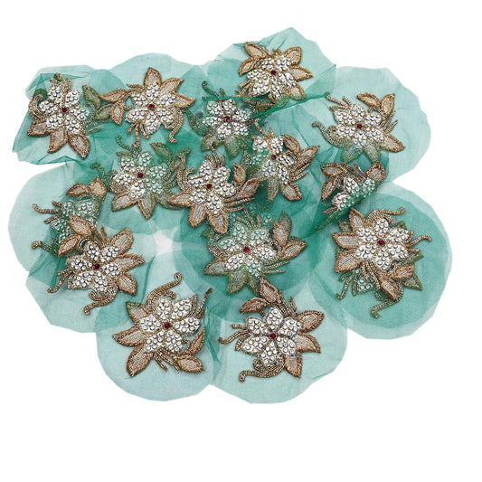 Indian Vintage Green Net Hand-Embroidered Appliques Set of 5, Zardozi, Dabka, Mukesh, Bead Work Floral Patches for Crafts, Journals 5x4.5"