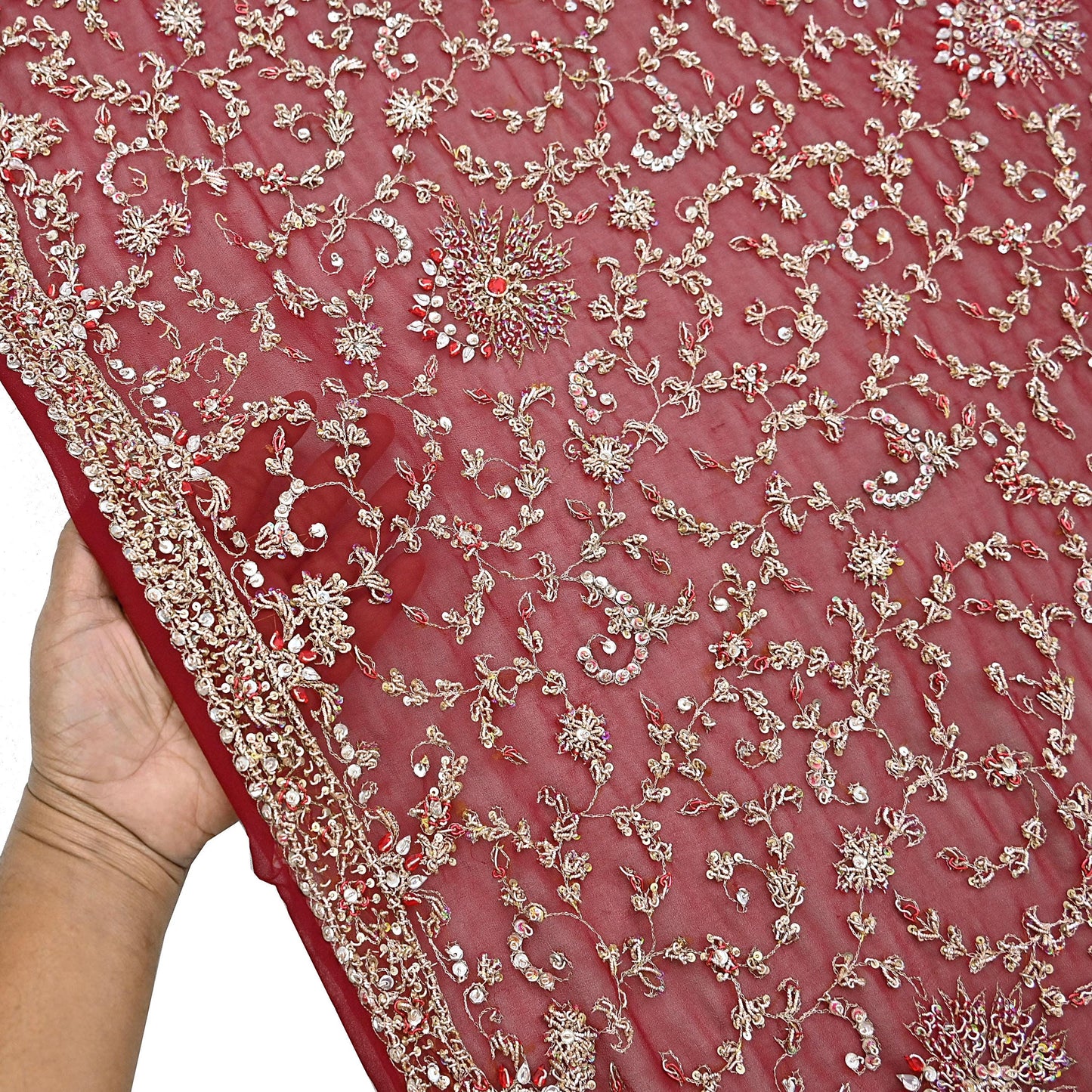 Indian Vintage Heavy Bridal Maroon Dupatta Pure Georgette Silk Long Stole Hand Embroidered Scarf Zardozi/Dabka Wedding red Hijab veil Boho