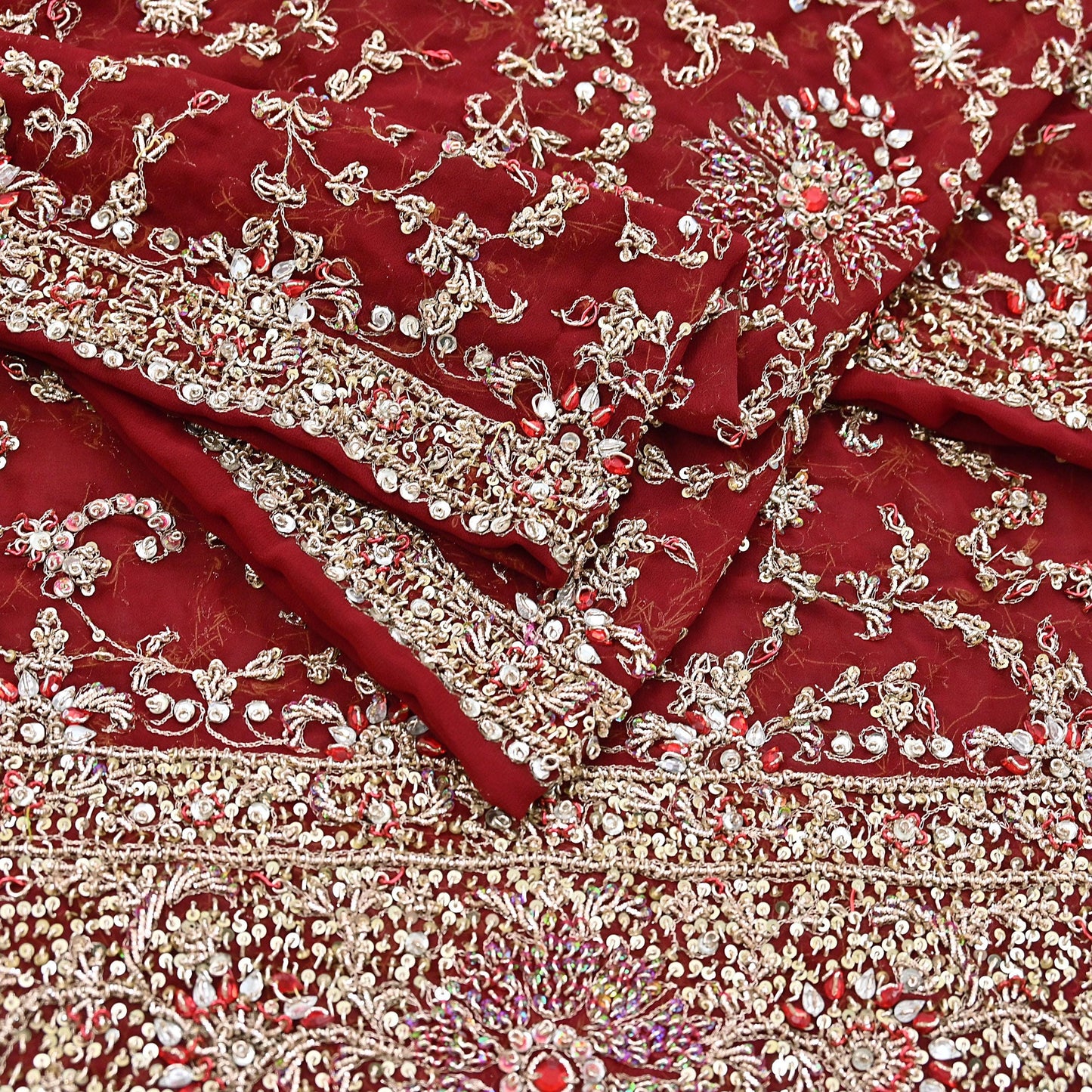 Indian Vintage Heavy Bridal Maroon Dupatta Pure Georgette Silk Long Stole Hand Embroidered Scarf Zardozi/Dabka Wedding red Hijab veil Boho