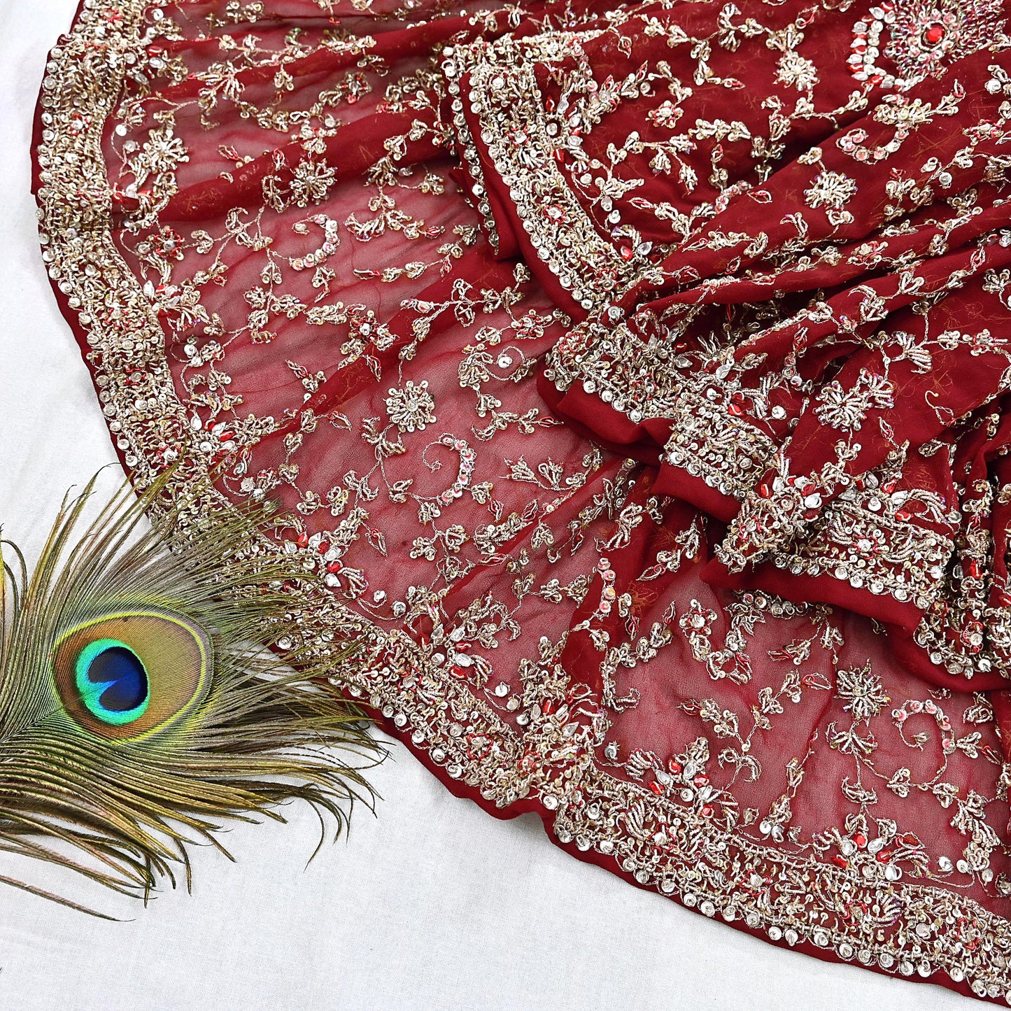 Indian Vintage Heavy Bridal Maroon Dupatta Pure Georgette Silk Long Stole Hand Embroidered Scarf Zardozi/Dabka Wedding red Hijab veil Boho