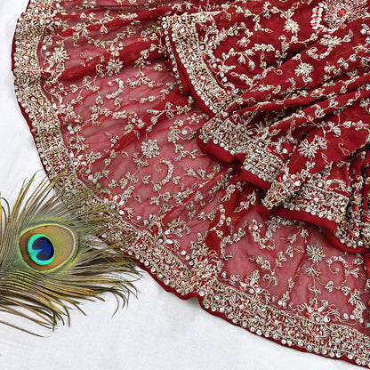 Indian Vintage Heavy Bridal Maroon Dupatta Pure Georgette Silk Long Stole Hand Embroidered Scarf Zardozi/Dabka Wedding red Hijab veil Boho