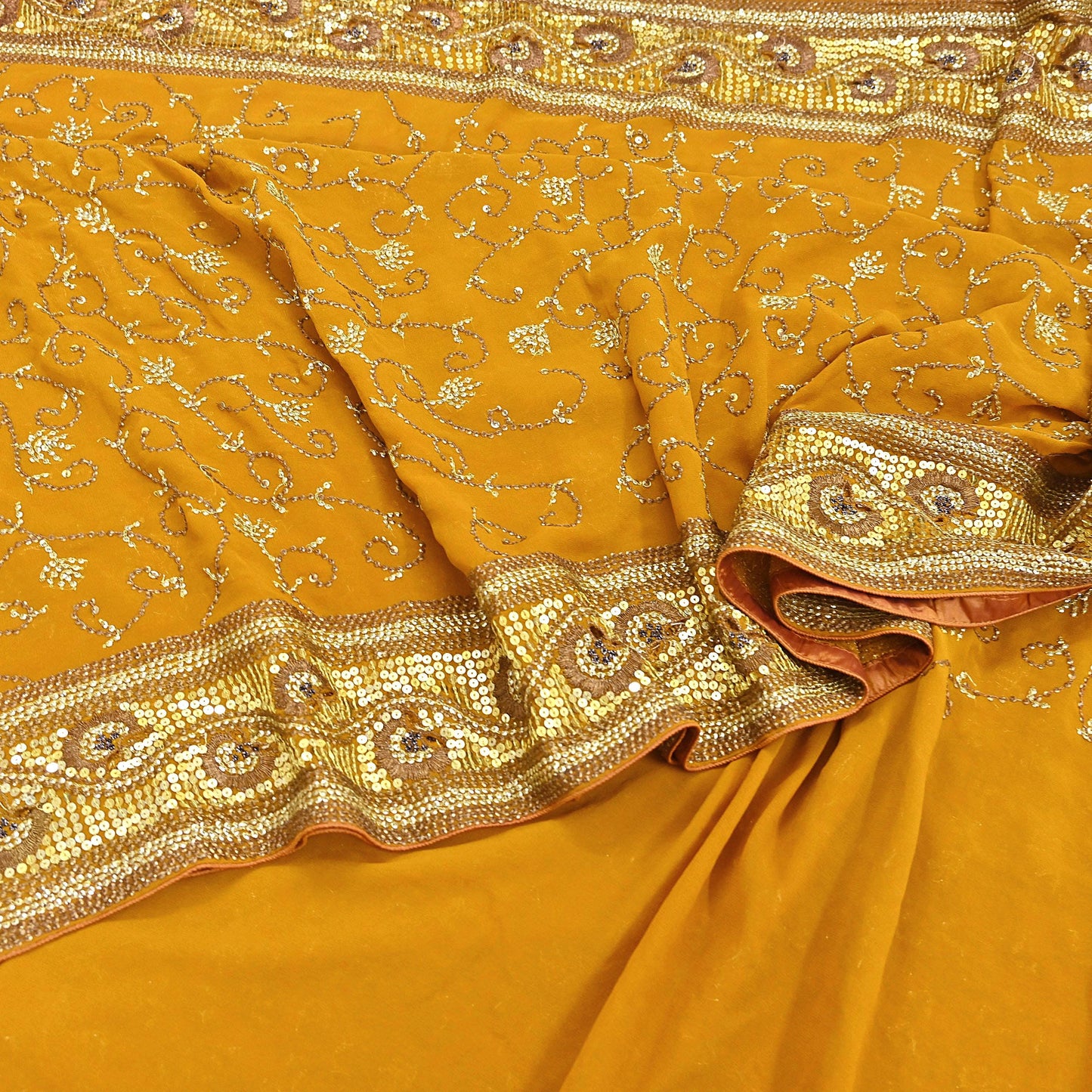 Indian Vintage Heavy Sarees Mustard Pure Georgette Silk Hand Embroidered Sari Fabric 6Yd Sewing Ethnic zari with blouse fabric