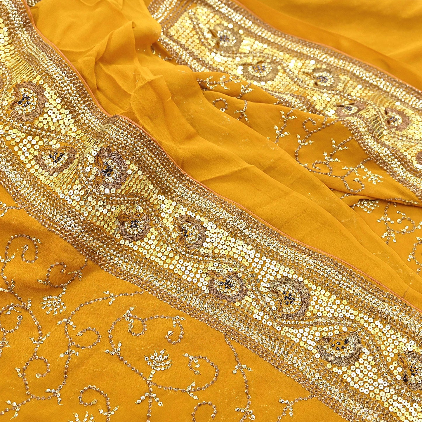 Indian Vintage Heavy Sarees Mustard Pure Georgette Silk Hand Embroidered Sari Fabric 6Yd Sewing Ethnic zari with blouse fabric