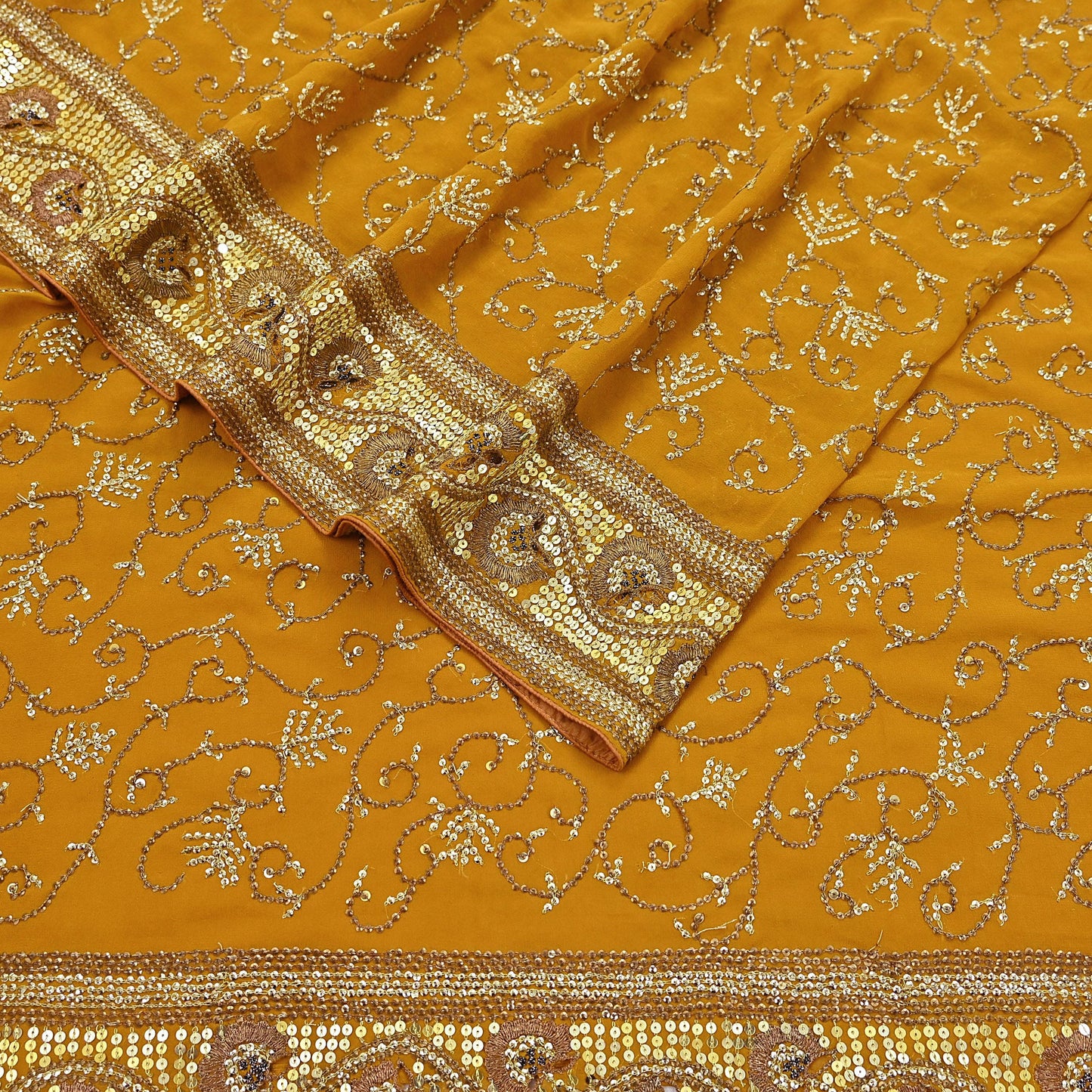 Indian Vintage Heavy Sarees Mustard Pure Georgette Silk Hand Embroidered Sari Fabric 6Yd Sewing Ethnic zari with blouse fabric