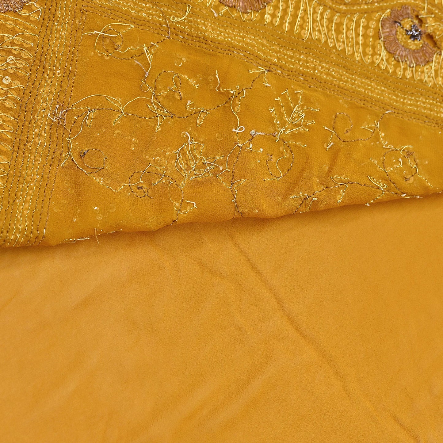 Indian Vintage Heavy Sarees Mustard Pure Georgette Silk Hand Embroidered Sari Fabric 6Yd Sewing Ethnic zari with blouse fabric