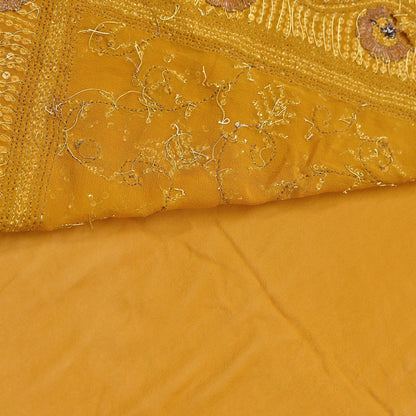 Indian Vintage Heavy Sarees Mustard Pure Georgette Silk Hand Embroidered Sari Fabric 6Yd Sewing Ethnic zari with blouse fabric