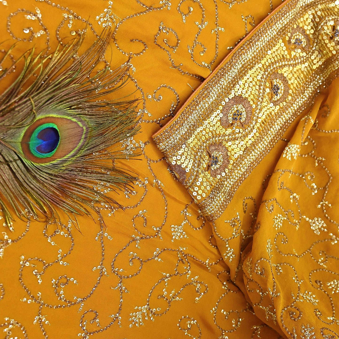 Indian Vintage Heavy Sarees Mustard Pure Georgette Silk Hand Embroidered Sari Fabric 6Yd Sewing Ethnic zari with blouse fabric