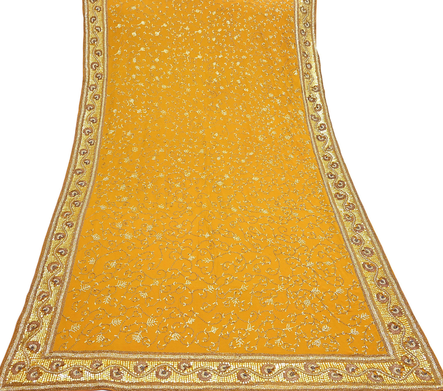 Indian Vintage Heavy Sarees Mustard Pure Georgette Silk Hand Embroidered Sari Fabric 6Yd Sewing Ethnic zari with blouse fabric