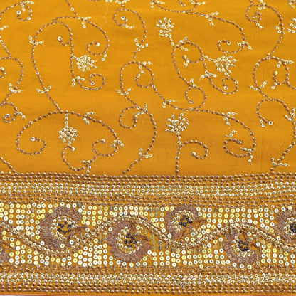 Indian Vintage Heavy Sarees Mustard Pure Georgette Silk Hand Embroidered Sari Fabric 6Yd Sewing Ethnic zari with blouse fabric