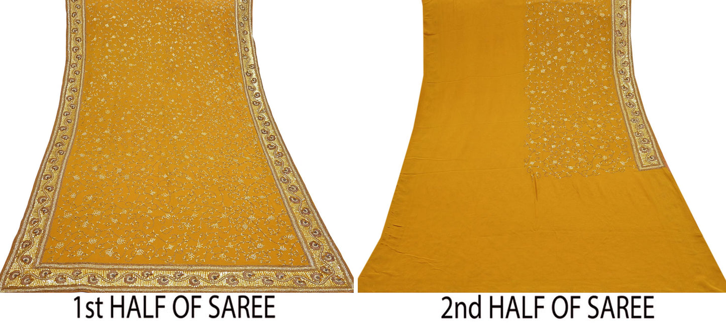 Indian Vintage Heavy Sarees Mustard Pure Georgette Silk Hand Embroidered Sari Fabric 6Yd Sewing Ethnic zari with blouse fabric