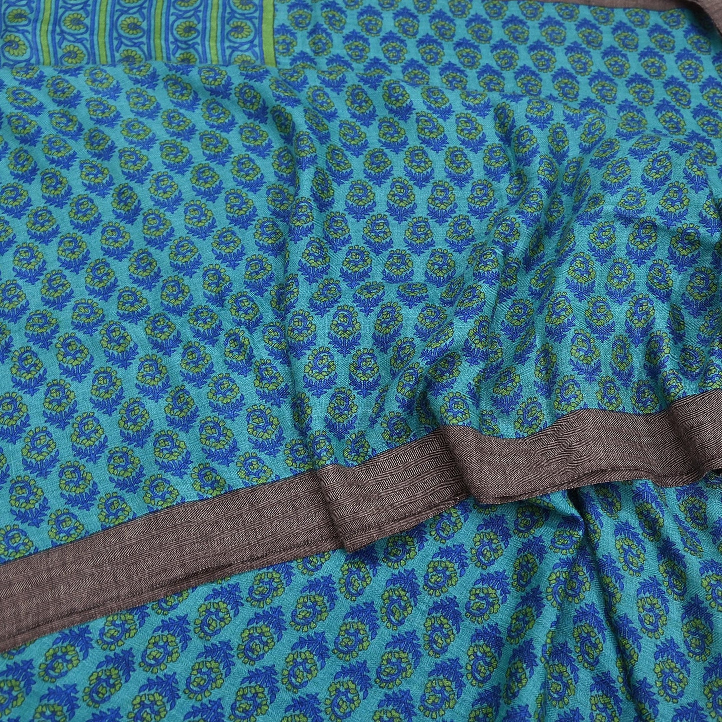 Indian Vintage Green & Blue Saree Pure Woolen Woven Printed Sari Warm Craft Fabric 5Yd Border Dress making Crafting Designing