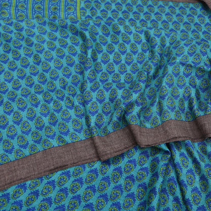 Indian Vintage Green & Blue Saree Pure Woolen Woven Printed Sari Warm Craft Fabric 5Yd Border Dress making Crafting Designing