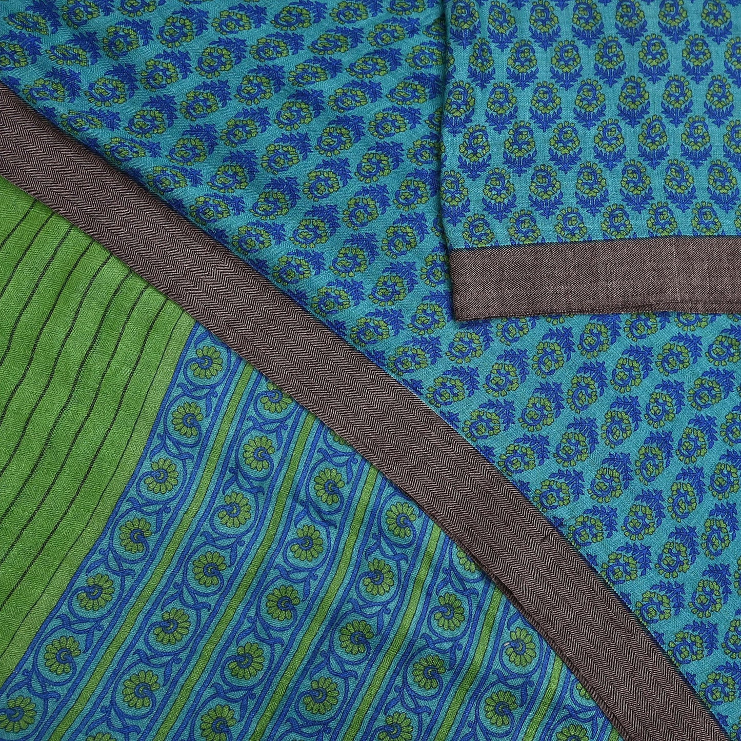 Indian Vintage Green & Blue Saree Pure Woolen Woven Printed Sari Warm Craft Fabric 5Yd Border Dress making Crafting Designing