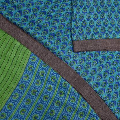 Indian Vintage Green & Blue Saree Pure Woolen Woven Printed Sari Warm Craft Fabric 5Yd Border Dress making Crafting Designing