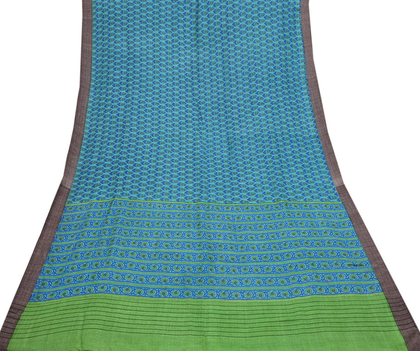 Indian Vintage Green & Blue Saree Pure Woolen Woven Printed Sari Warm Craft Fabric 5Yd Border Dress making Crafting Designing