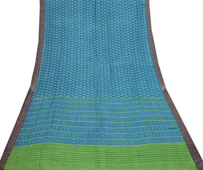 Indian Vintage Green & Blue Saree Pure Woolen Woven Printed Sari Warm Craft Fabric 5Yd Border Dress making Crafting Designing