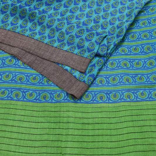 Indian Vintage Green & Blue Saree Pure Woolen Woven Printed Sari Warm Craft Fabric 5Yd Border Dress making Crafting Designing