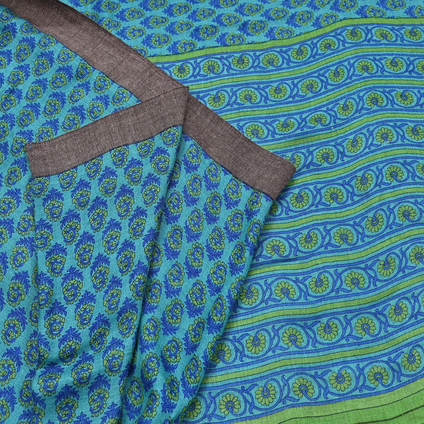 Indian Vintage Green & Blue Saree Pure Woolen Woven Printed Sari Warm Craft Fabric 5Yd Border Dress making Crafting Designing