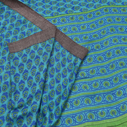Indian Vintage Green & Blue Saree Pure Woolen Woven Printed Sari Warm Craft Fabric 5Yd Border Dress making Crafting Designing