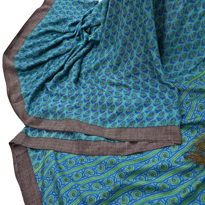 Indian Vintage Green & Blue Saree Pure Woolen Woven Printed Sari Warm Craft Fabric 5Yd Border Dress making Crafting Designing
