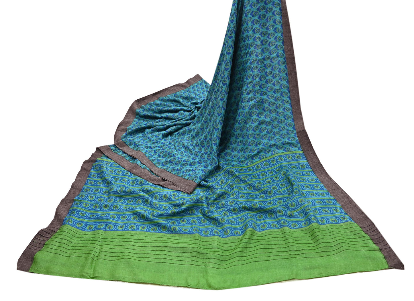 Indian Vintage Green & Blue Saree Pure Woolen Woven Printed Sari Warm Craft Fabric 5Yd Border Dress making Crafting Designing