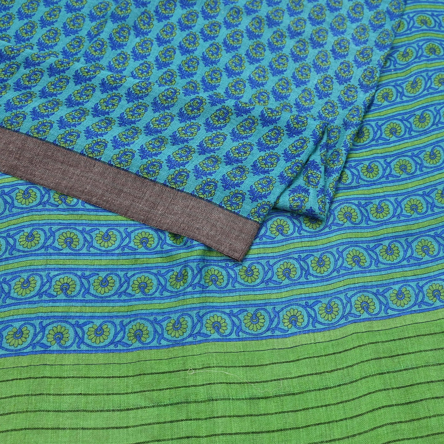 Indian Vintage Green & Blue Saree Pure Woolen Woven Printed Sari Warm Craft Fabric 5Yd Border Dress making Crafting Designing