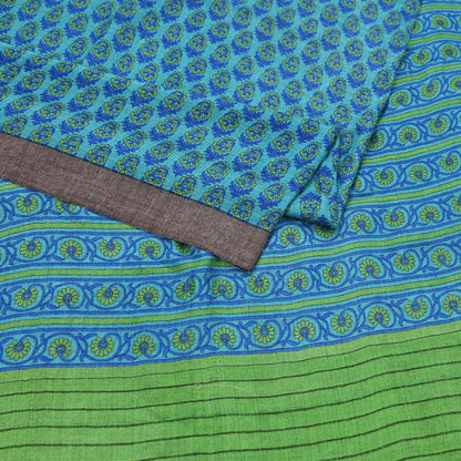 Indian Vintage Green & Blue Saree Pure Woolen Woven Printed Sari Warm Craft Fabric 5Yd Border Dress making Crafting Designing