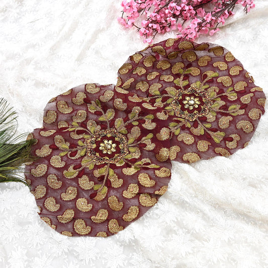 Indian Vintage Maroon Georgette Appliques Set of 2 Hand-Embroidered Floral Patches with Zardozi, Dabka, for Craft, Journals 7.5x7.5"