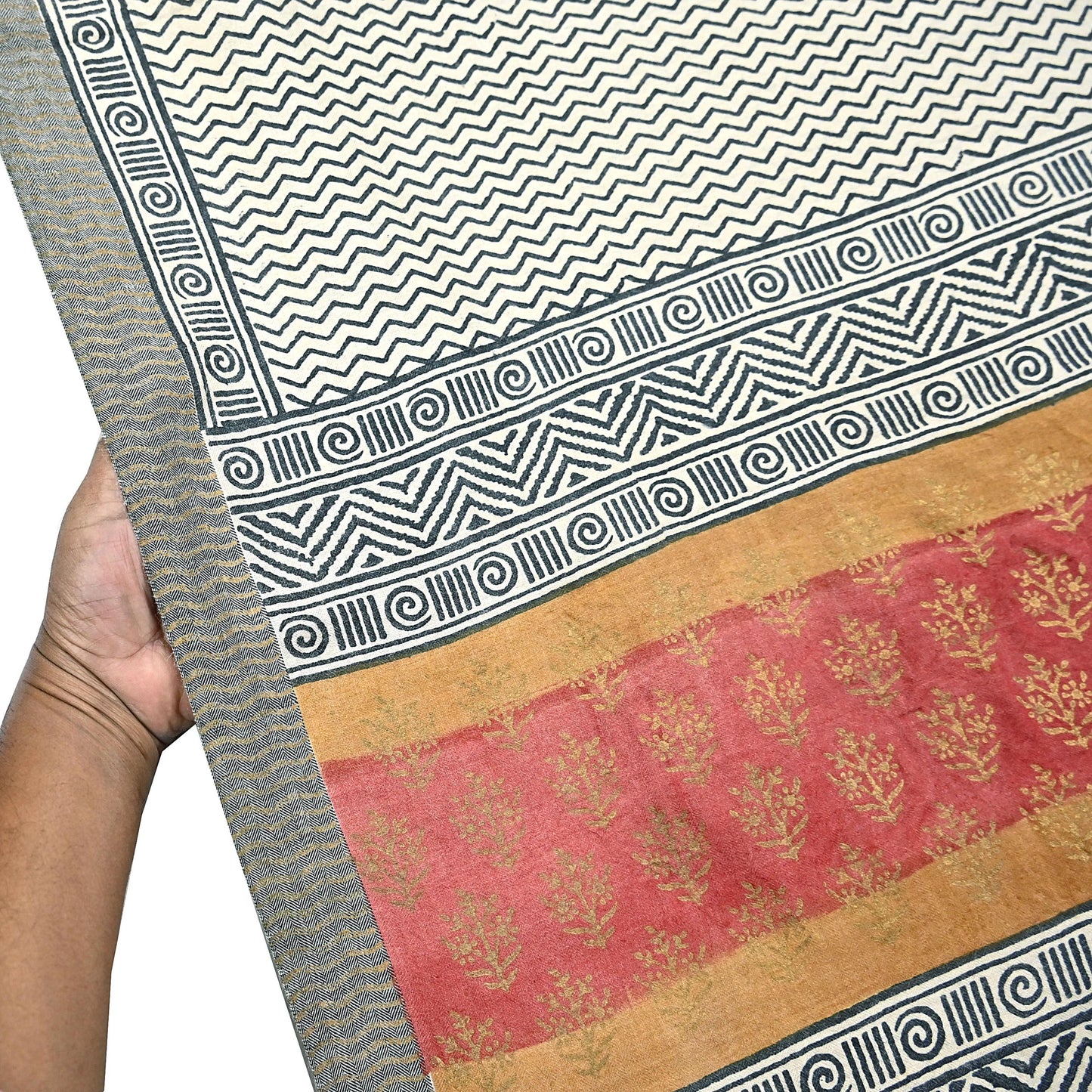 Indian Vintage Black & Ivory Saree Pure Woolen Woven Painted Sari Warm Craft Fabric 5Yd Border Dress making Crafting Designing