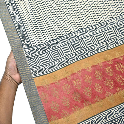Indian Vintage Black & Ivory Saree Pure Woolen Woven Painted Sari Warm Craft Fabric 5Yd Border Dress making Crafting Designing