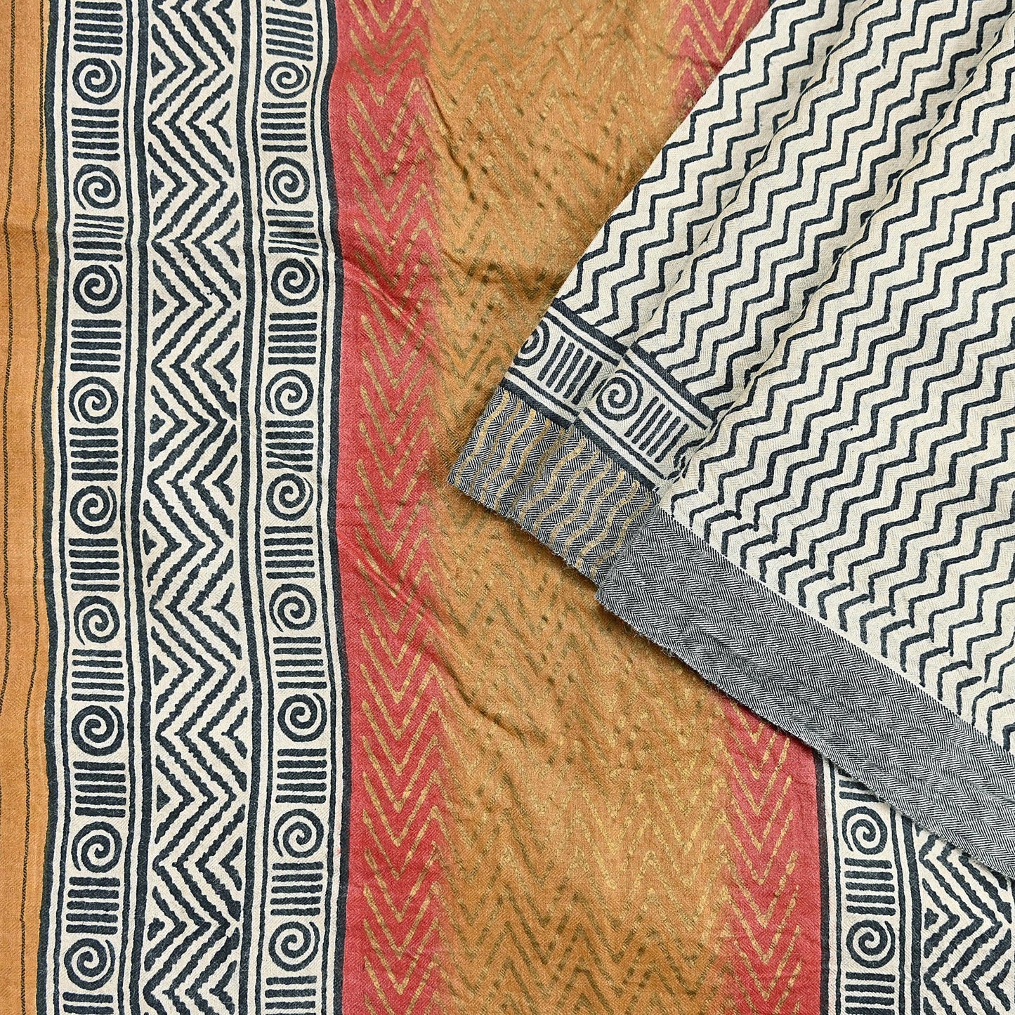 Indian Vintage Black & Ivory Saree Pure Woolen Woven Painted Sari Warm Craft Fabric 5Yd Border Dress making Crafting Designing