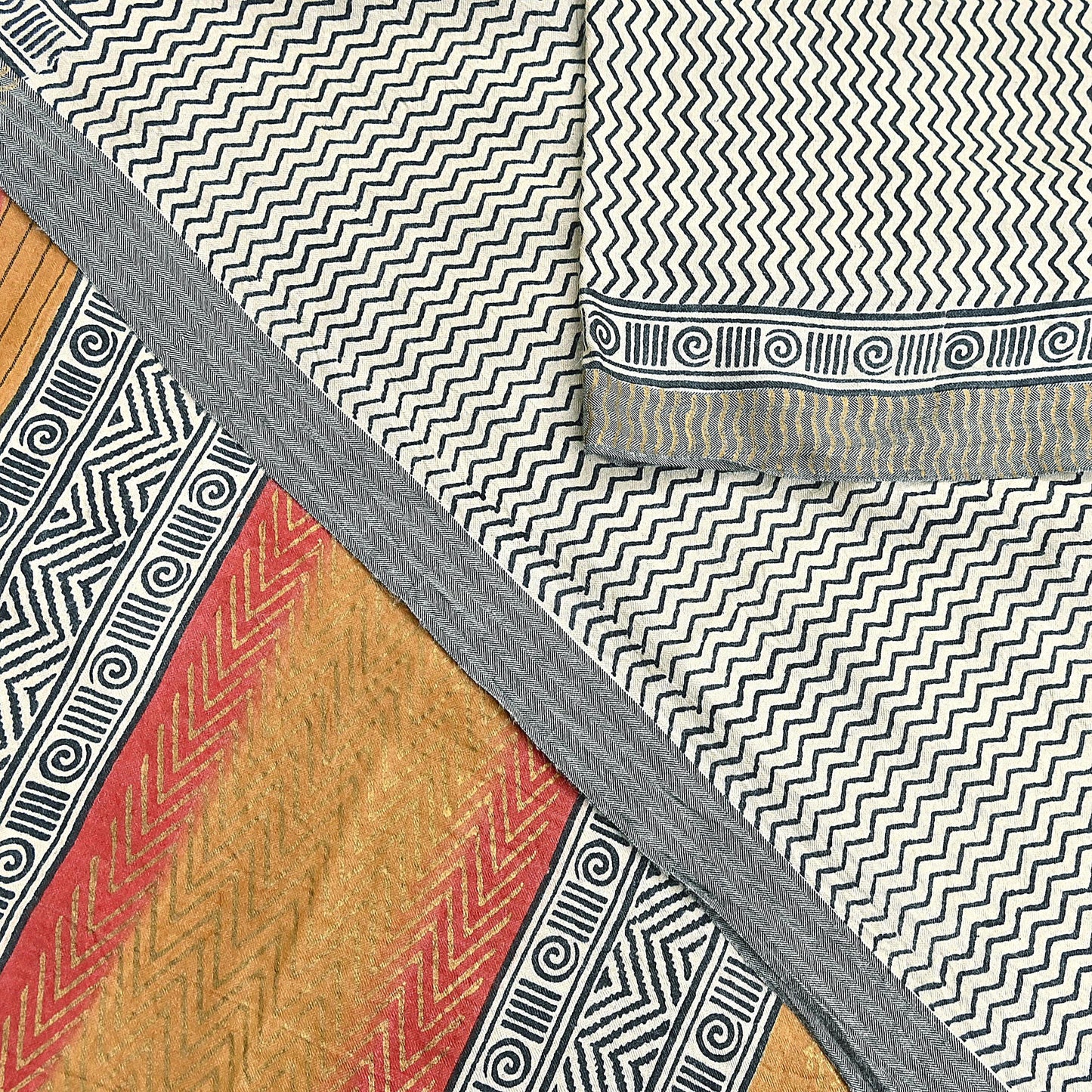 Indian Vintage Black & Ivory Saree Pure Woolen Woven Painted Sari Warm Craft Fabric 5Yd Border Dress making Crafting Designing