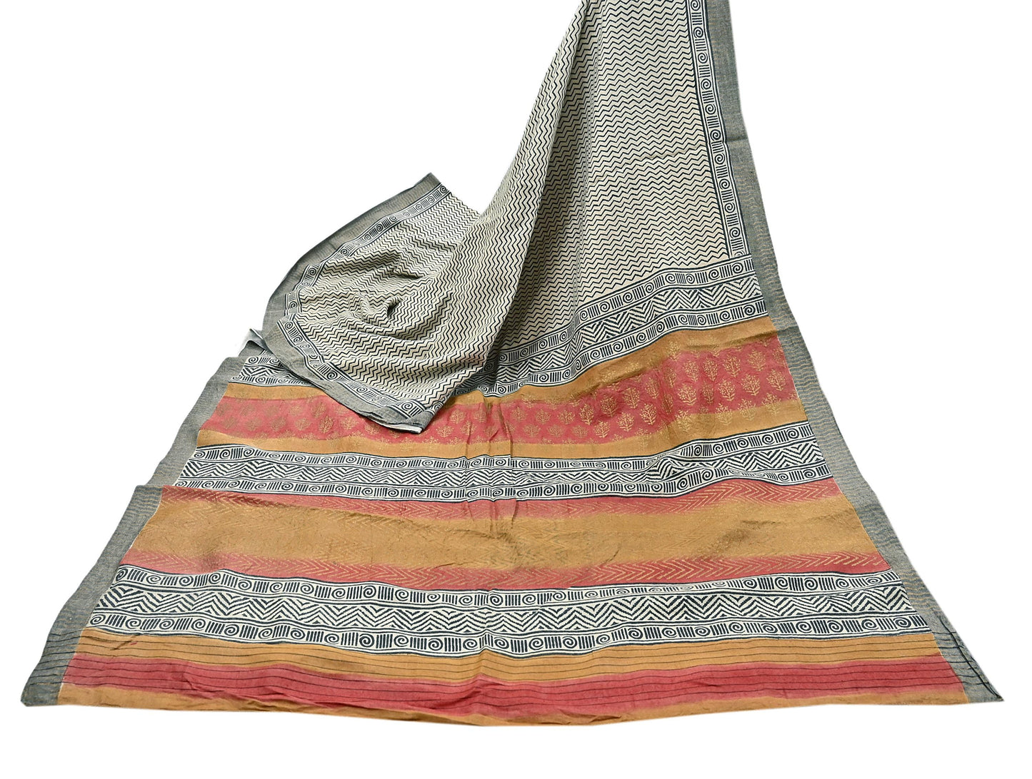 Indian Vintage Black & Ivory Saree Pure Woolen Woven Painted Sari Warm Craft Fabric 5Yd Border Dress making Crafting Designing