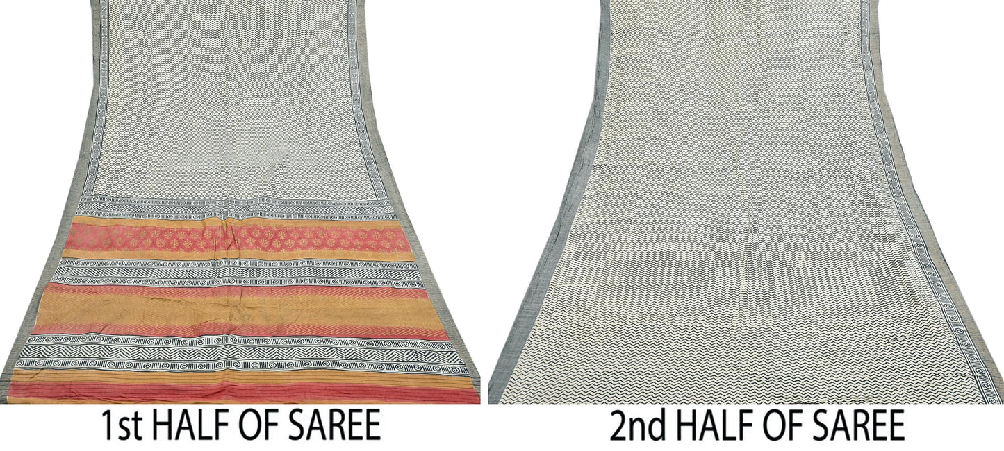 Indian Vintage Black & Ivory Saree Pure Woolen Woven Painted Sari Warm Craft Fabric 5Yd Border Dress making Crafting Designing
