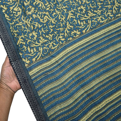 Indian Vintage Beige & Blue Saree Pure Woolen Woven Printed Sari Warm Craft Fabric 5Yd Border Dress making Crafting Designing