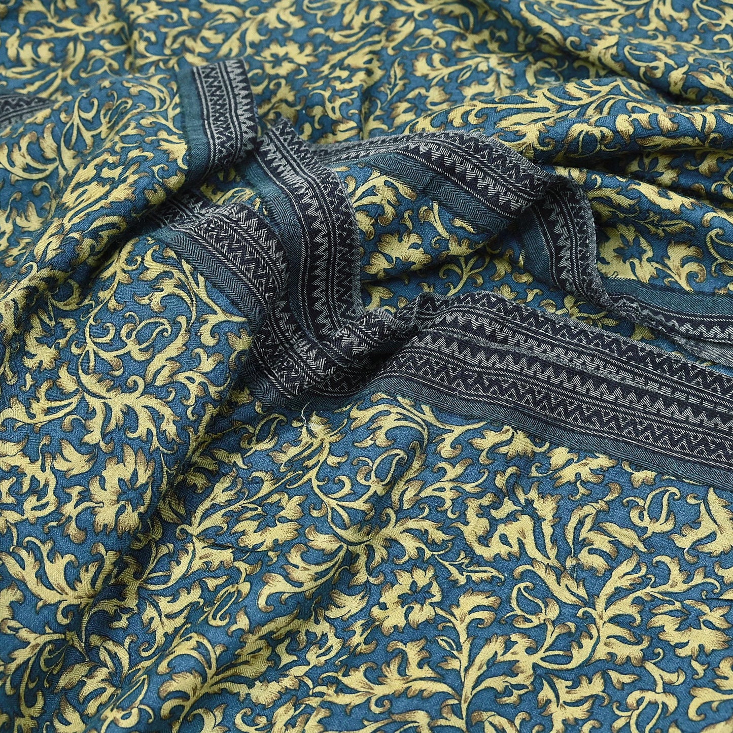 Indian Vintage Beige & Blue Saree Pure Woolen Woven Printed Sari Warm Craft Fabric 5Yd Border Dress making Crafting Designing