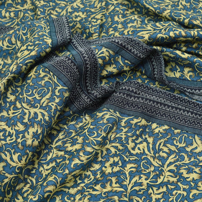 Indian Vintage Beige & Blue Saree Pure Woolen Woven Printed Sari Warm Craft Fabric 5Yd Border Dress making Crafting Designing